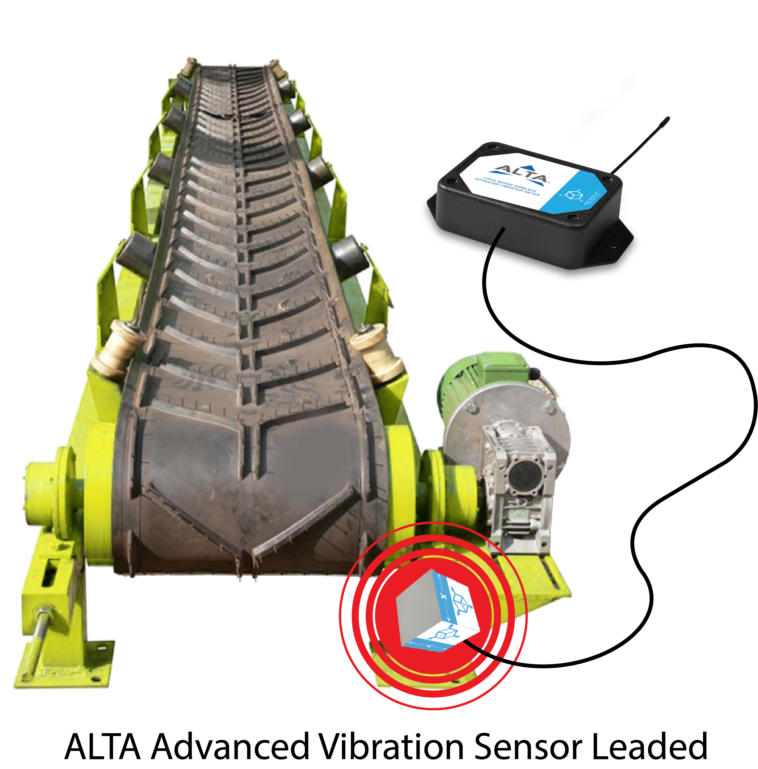 ALTA Advanced Vibration AA Leaded Sensor in use on a converyer