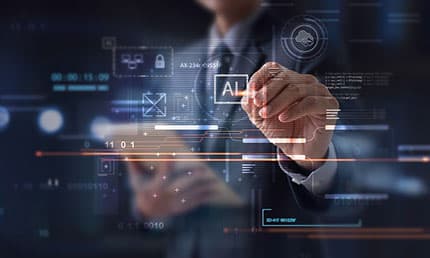 Business professional interacting with an AI-powered digital interface for operational intelligence and connected data insights