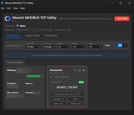Monnit Modbus TCP Utility for integrating wireless sensor data with local automation and control systems