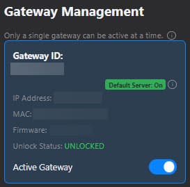 Monnit Gateway Management screen showing gateway ID, default server status, unlock status, and active gateway toggle