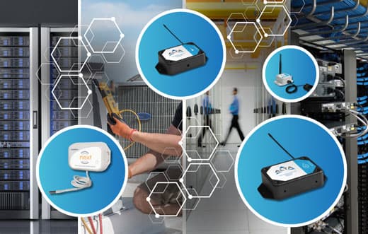 Monnit IoT sensors monitoring temperature, humidity, water leaks, and power conditions in a European data centre